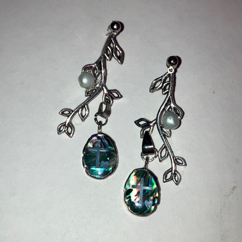 Handmade Silver Leaf Cross Heart earrings White pearl Aurora Barriles Charm - Picture 10 of 12